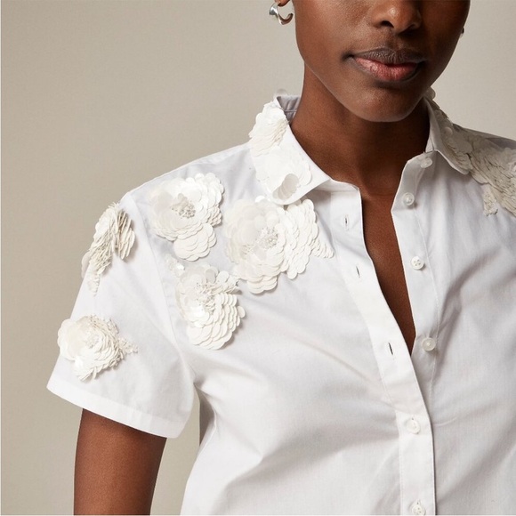 J. Crew Collection Cropped Button Up Shirt Floral Appliques White NWT Size 12 - Picture 3 of 10